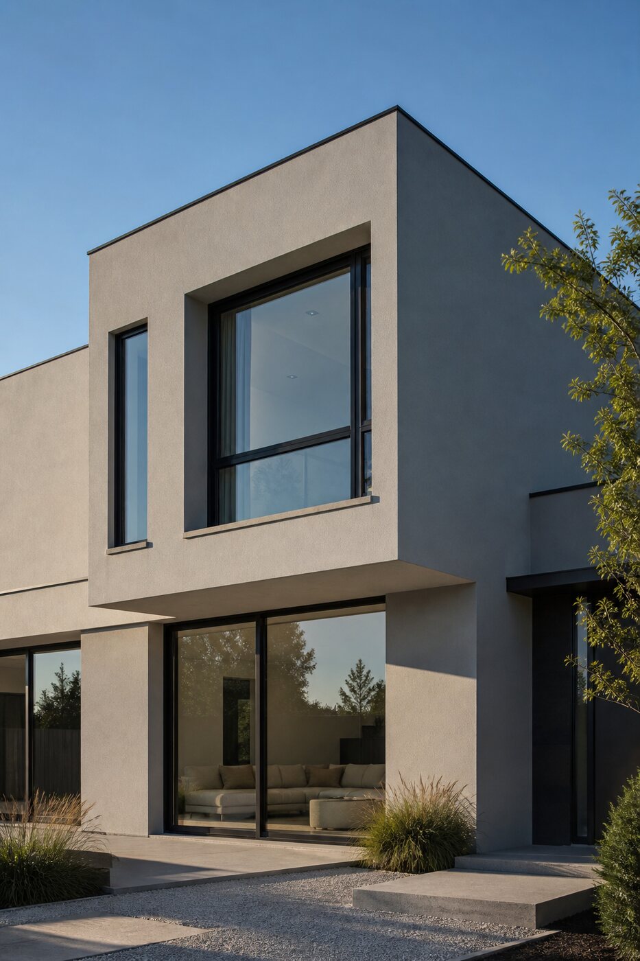 Façade contemporaine d'une copropriété, enduit lisse et menuiseries sombres.
