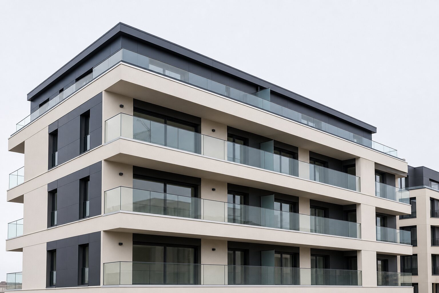 Façade d'immeuble contemporain rénovée, enduit clair et panneaux anthracite.