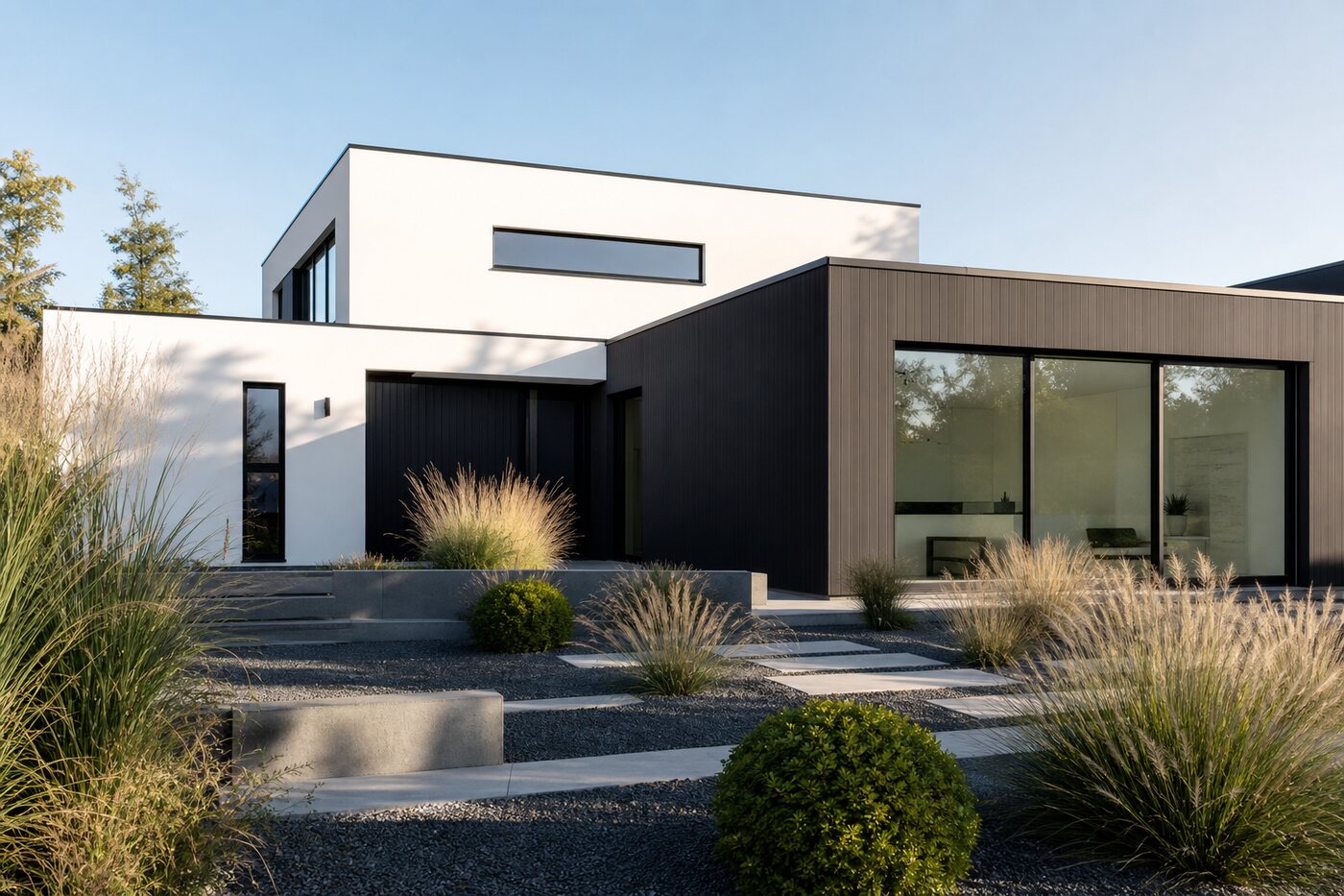 Maison individuelle à toit plat, façade en enduit blanc mat fraîchement ravalée.